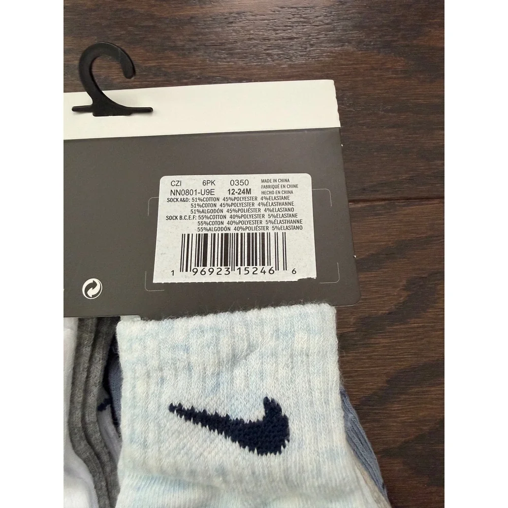 Nike Infant 6 Pack Lightweight Ankle Socks Blue White Grey 12-24M NN0801-U9E